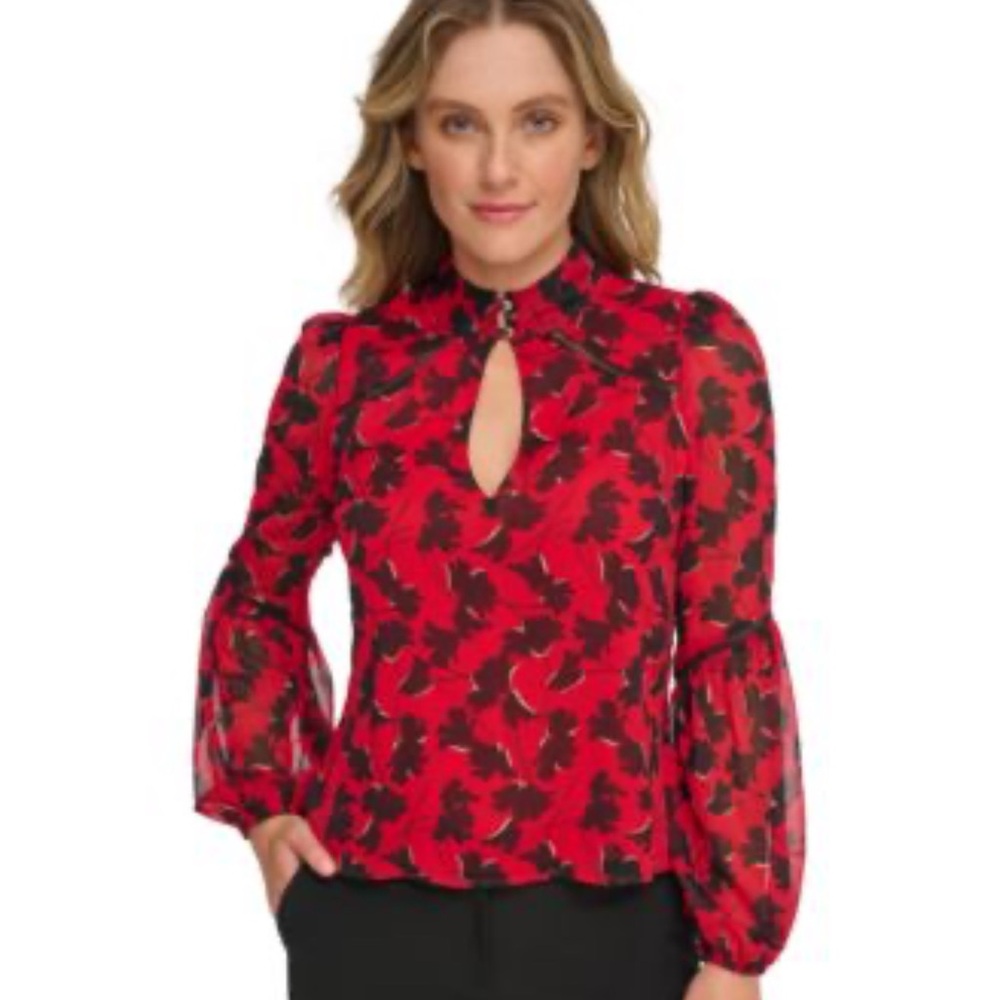 Tommy Hilfiger Blouse Women's XL Red Black Floral Steampunk ballon Long sleeves‎